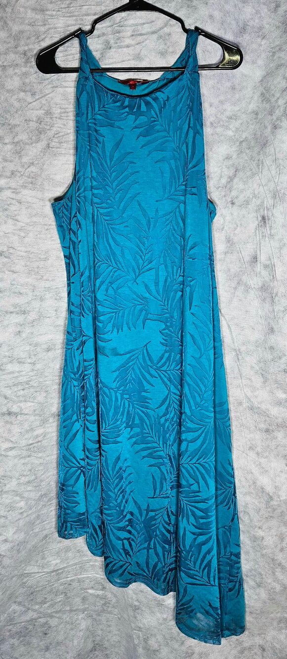Jennifer Lopez 2X Teal Palm Print High Neck Sleeveless Asymmetrical Dress